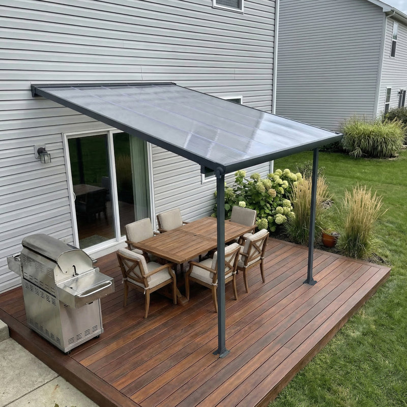 Palram - Canopia Feria 10' W x 10' D Polycarbonate Galvanized Steel Stationary Slope Patio Awning Gray/Diffused Clear