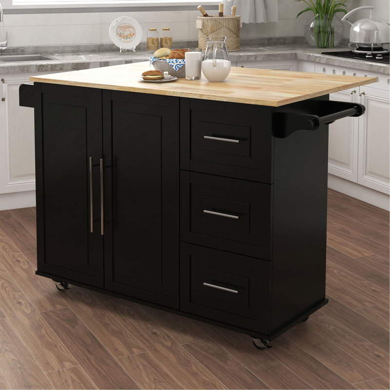 Îlot de cuisine avec support à épices, porte-serviettes et plateau de table en bois massif extensible, Noir