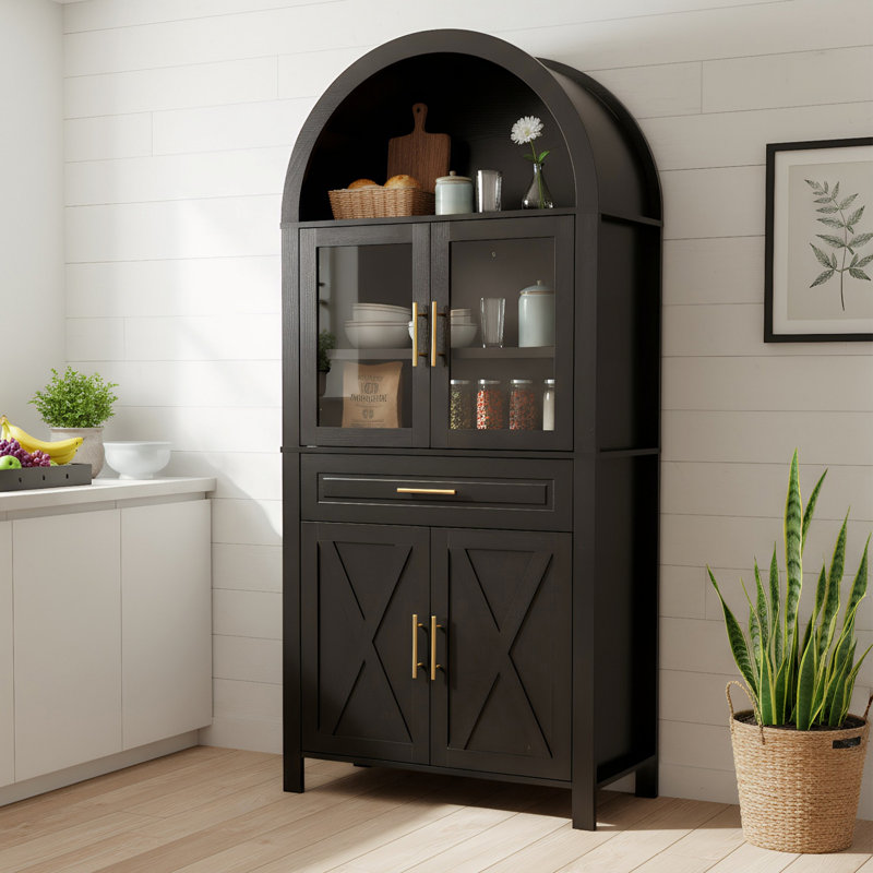Garde-manger arqué avec porte vitrée, garde-manger avec tablettes réglables Farmhouse, Noir