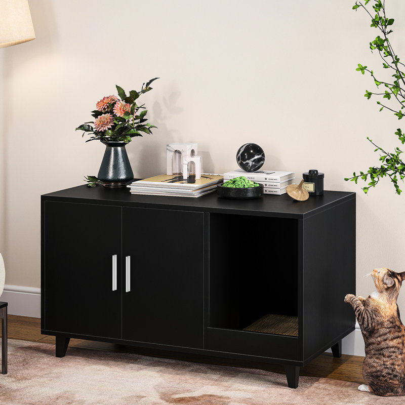 Meuble pour litière robuste pour chat avec élément caché et tapis à gratter - L 33,5 po x P 18,5 po, H 19,9 po, multifonctionnel, surface de conception noire et fonctionnelle, charge de 120 lb