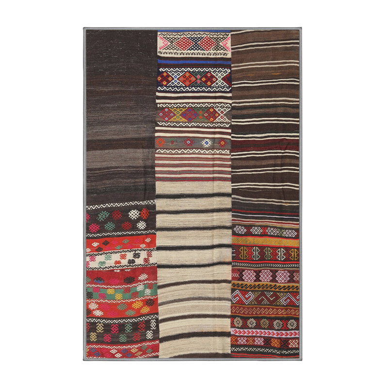 Tapis contemporain beige / brun / rouge, Rectangle 7 pi x 9 pi