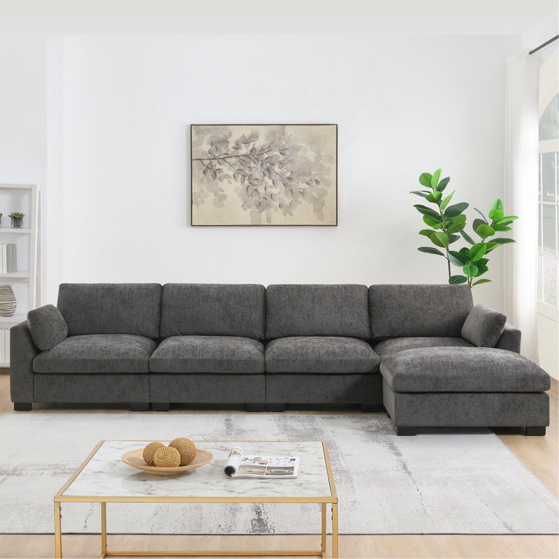 Canapé modulaire de 130 po en forme de L avec table pliante et port double, poches de rangement latérales, 2 coussins d'accoudoirs, repose-pieds à mouvement libre, mousse haute densité, chenille, 5 sièges