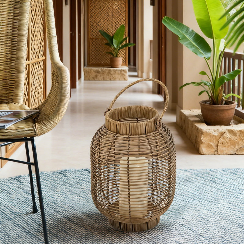 Poly Rattan Led Lantern, Realistic White Led Candle, Timer Function, Warm Flickering Glow, Ideal For Living Room/entryway/bedroom (3 Aa Batteries Not Included)