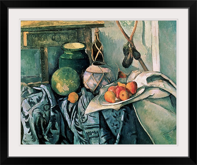 «Still Life with Pitcher and Aubergines» par Paul Cezanne, reproduction d'art, H 32 po x l 38 po x P 1 po, Cadre noir