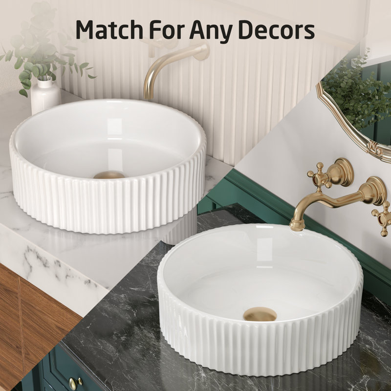 White Ribbed Ceramic Round Above-Counter Vessel Sink