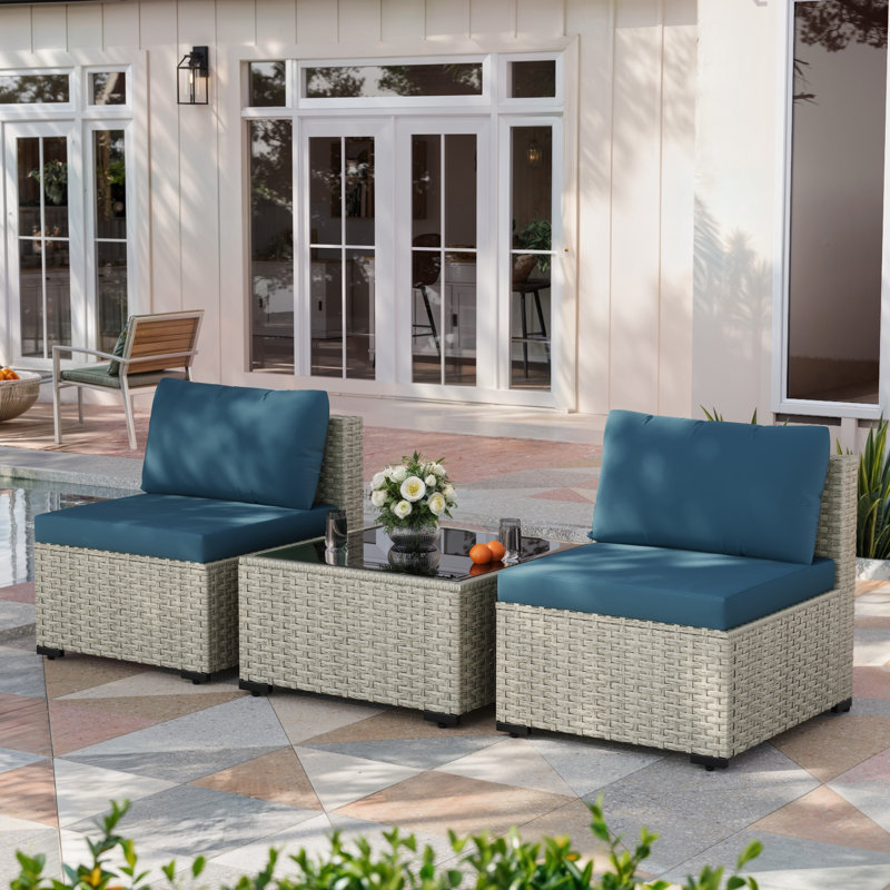 3 Pieces Design-Oriented Rattan Patio Conversation Sets With Cushions, Peacock Blue