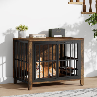 Dog Crate Furniture With 2 Feeding Bowls, 360° Rotating 9 Height-Adjustable Bowls, Wooden Side End Table Kennel, Indoor Dog Cage Dog House Night Stand, 0.4"(Dia) Iron Pipe