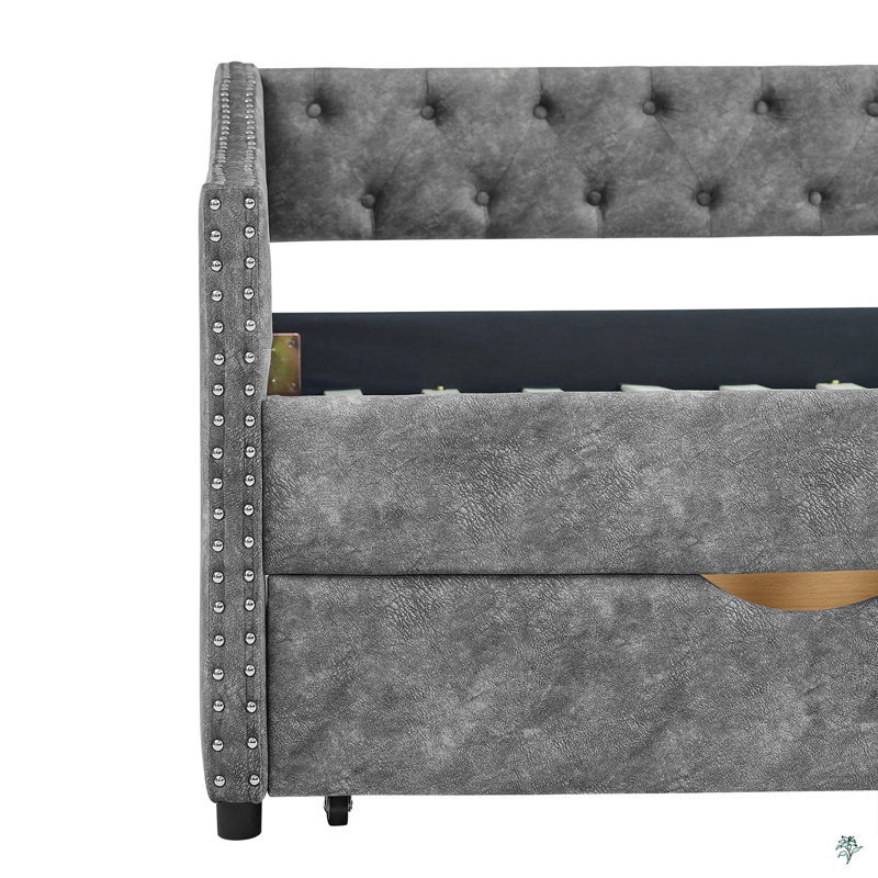 Twin Size Daybed With Drawers Upholstered Tufted Sofa Bed, With Button On Back And Copper Nail On Waved Shape Arms, Grey