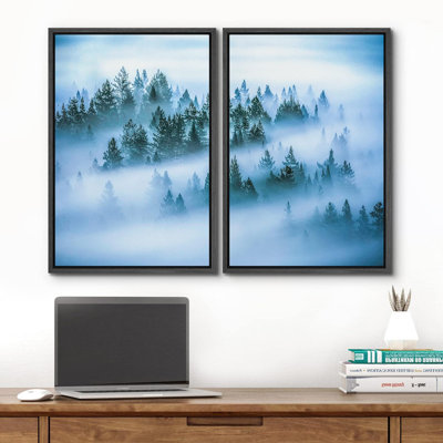 Misty Forest Landscape " Blue Mist & Fog Forest Tree Mountain Nature Landscape Print Decor " 2 - Pieces