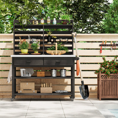 64.9"H Outdoor Potting Bench Table with Lockable Wheels, Solid Wood Outdoor Kitchen Island with Upper Hutch, Stainless Steel Top, Towel Rack ,Outdoor Storage for Grilling, Lawn Garden -Grey Blue