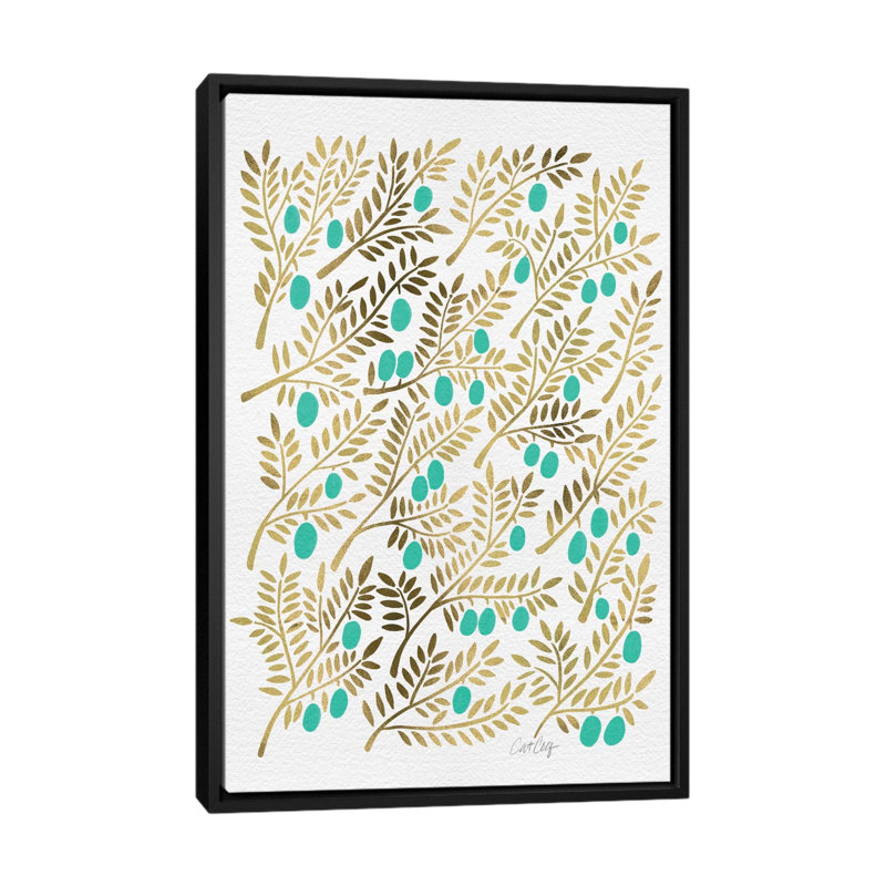 « turquoise olive branches », impression sur toile tendue artprint, H 26 po x l 18 po x P 1,5 po, Toile encadrée noire