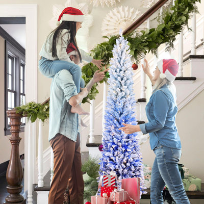 Arbre de Noël 7 pi avec flocage dégradé bleu, 300 lumières à DEL blanc chaud, 725 pointes, installation facile pour coin de bureau, petit arbre de décoration en dégradé, appartement à branches articulées