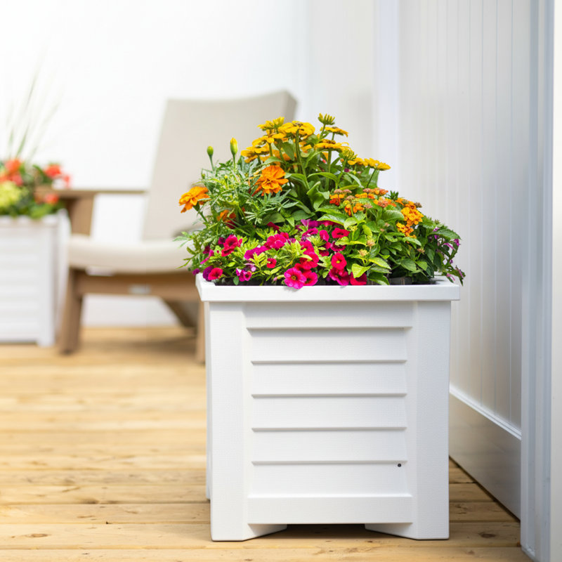 Lakeland Square Resin Planter with Water Reservoir, White, 20" H x 20" W x 20" D