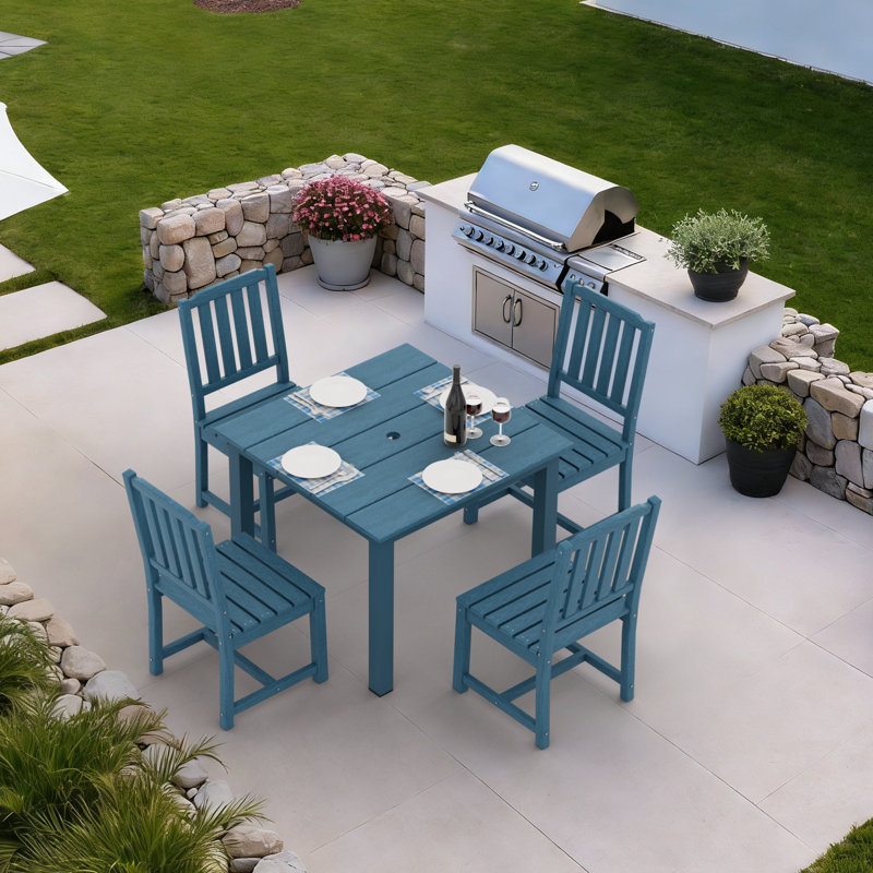 Outdoor Patio Dining Set, Including A Square Table And 4 Armless Chairs, Blue