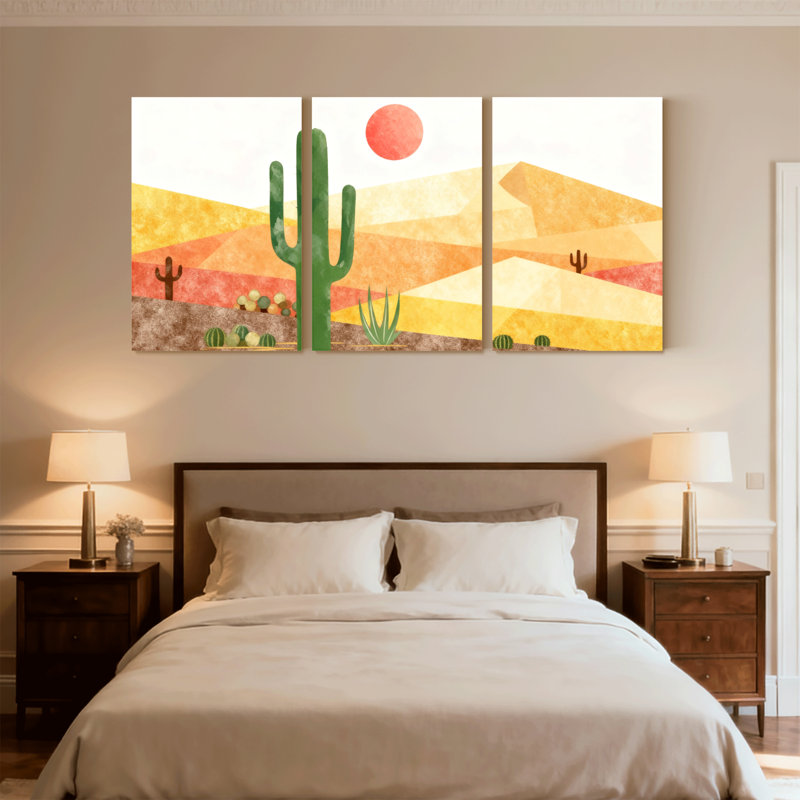 «Cactus Desert Landscape with Cactus and Sunset», ensemble de 3 impressions sur toile, H 24 po x l 48 po