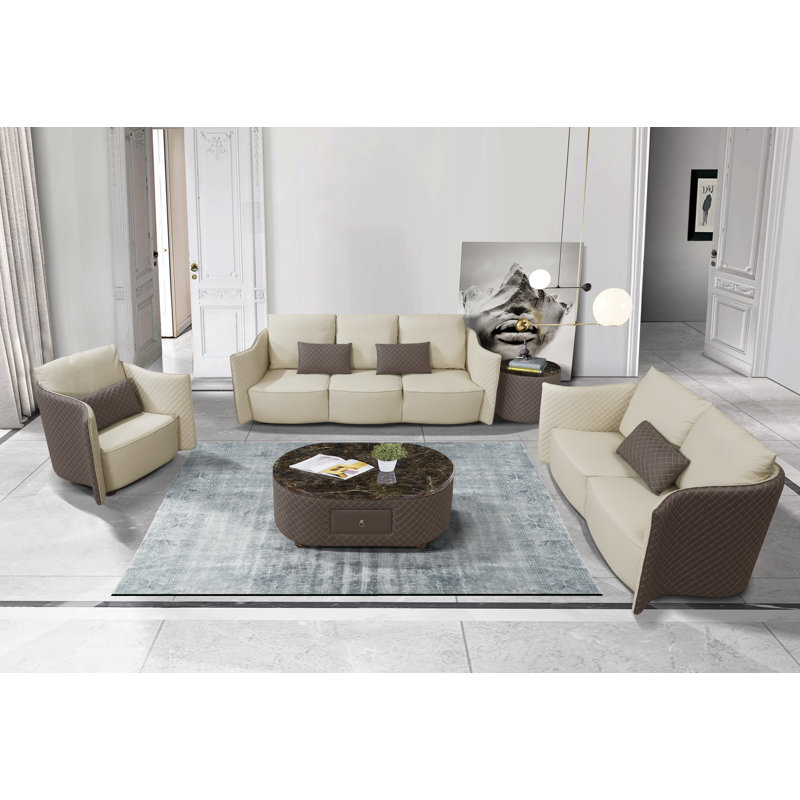 Makassar 3 - Piece Living Room Set, Lite Gray/Taupe Genuine Leather