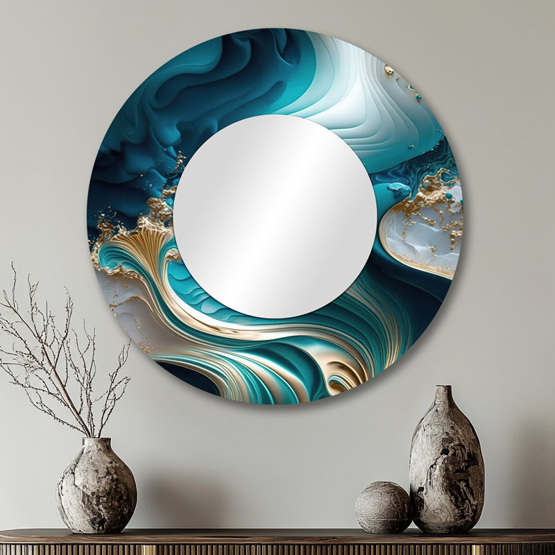 Parushka abstrait Geode Turquoise III - miroir en marbre, miroir mural rond unique moderne, impression d'art en métal