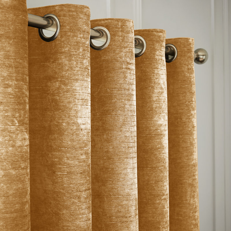 Selene Luxury Chenille Weighted Thermal Eyelet Cur Semi Sheer Curtain Pair, Gold, 66cm Width x 182.88cm Drop