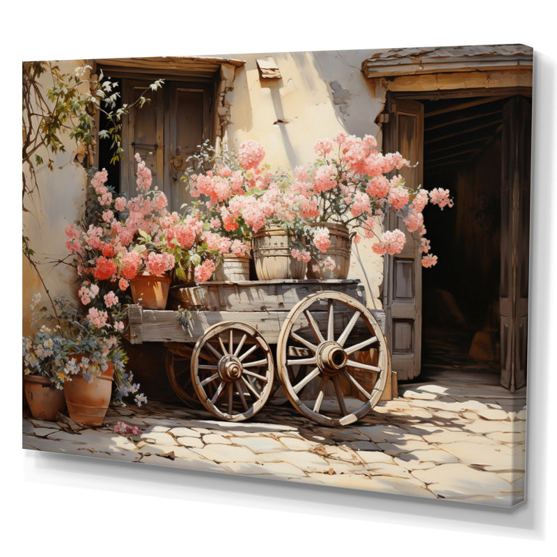 Vieille roue de chariot rose sur toile, Toile tendue, H 24 po x l 32 po x P 1 po
