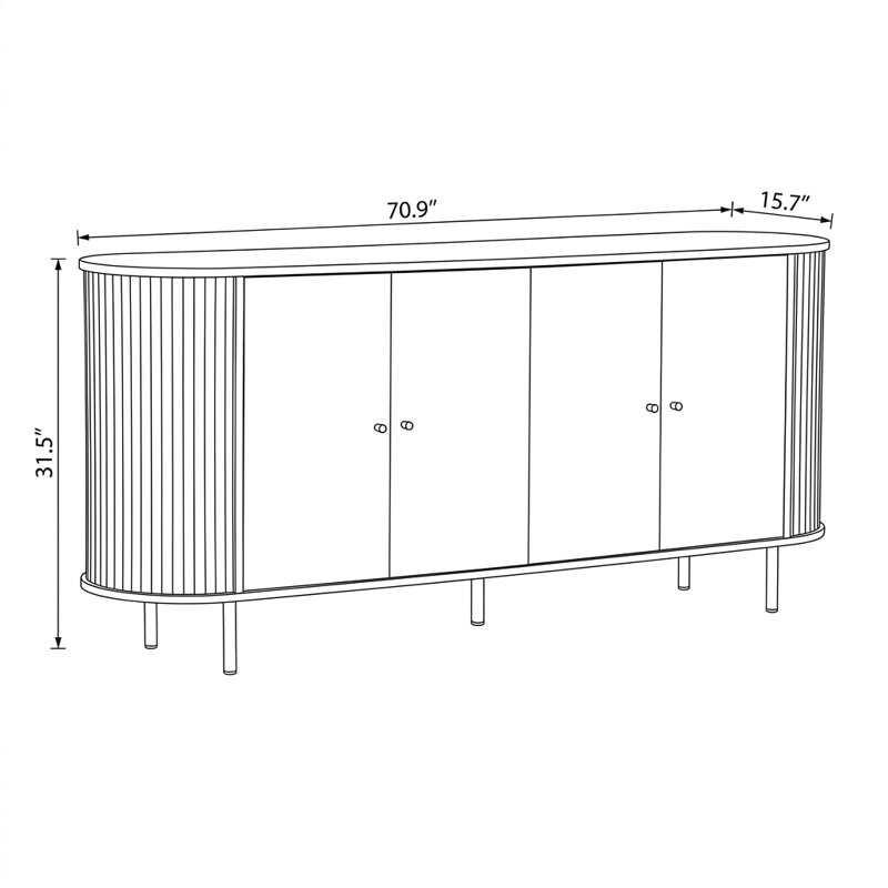 Buffet moderne du milieu du siècle avec portes cannelées et profil incurvé (70,9'' L x 15,7'' P x 31,5'' H)