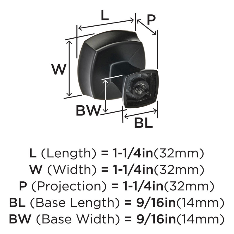 Stature 1-1/4 inch (32mm) Length Matte Black Cabinet Knob - 10 Pack, Matte Black