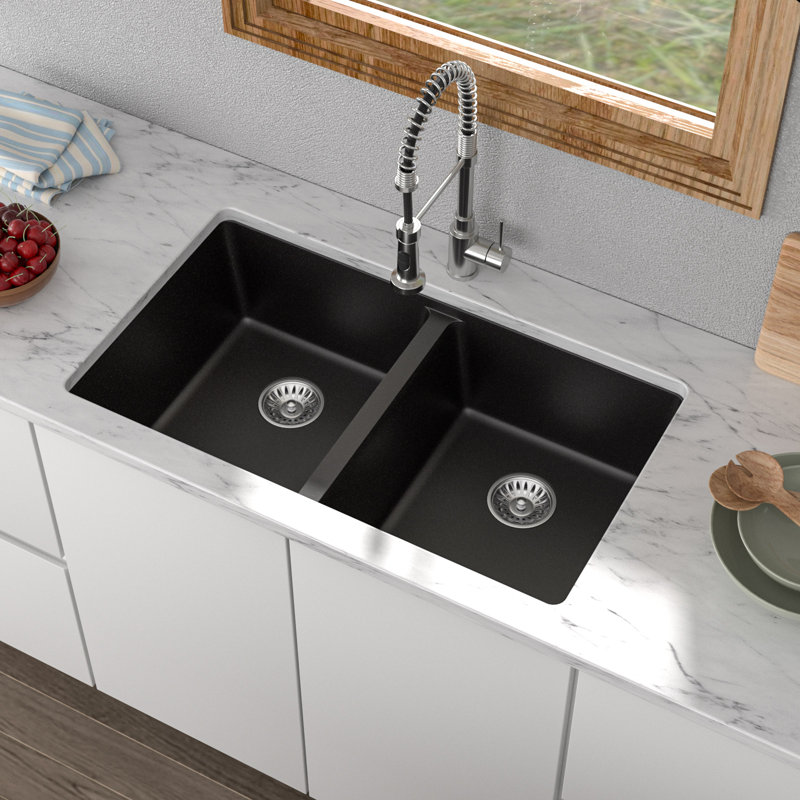 33" L x 19" W 50/50 Double Bowl Undermount Quartz Composite Kitchen Sink with Basket Strainers and Sink Grids, Black