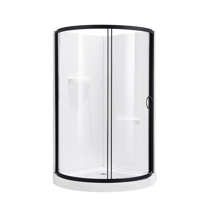 Breeze 44 in. L x 44 in. W x 76.18 in. H Round Corner Shower Kit in Matte Black, Clear Sliding Door, Walls and Pan, Black