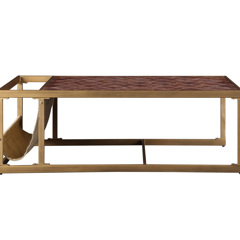 Table basse rectangulaire avec compartiment porte-revues - Cuir brun rétro, support en métal, cadre de rangement spacieux sans effort, procédure
