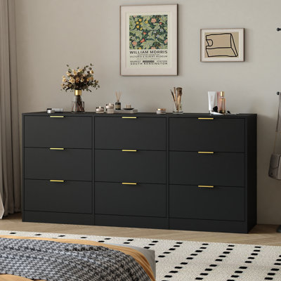 Commode 9 tiroirs noire, grande commode profonde de 63 po, commode en bois avec 9 tiroirs pour la chambre à coucher, commodes longues pour le salon, couloir