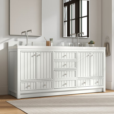 Meuble-lavabo double Aula 72 po avec comptoir en quartz blanc Thassos de 2 po