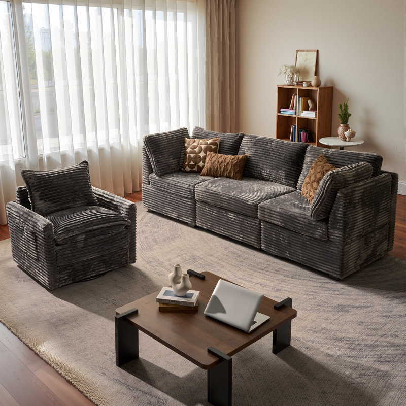 Ensemble de canapé modulaire en velours côtelé 4 pièces avec fauteuil pivotant, mobilier de salon moderne, Gris