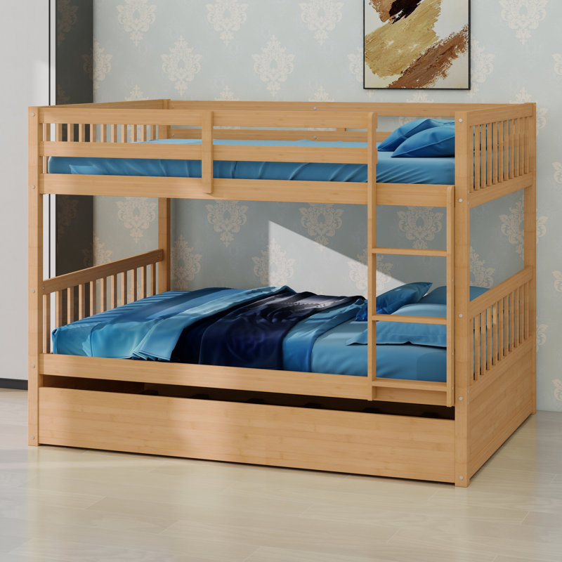 Bunk Bed With Trundle, Featuring Ladder And Guardrails, White Oak
