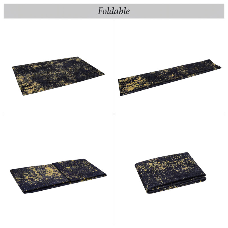 MAVAL Washable Area Rug, Black & Gold Distressed Abstract Design, Non-Slip Low Pile Machine Washable Living Room Carpet