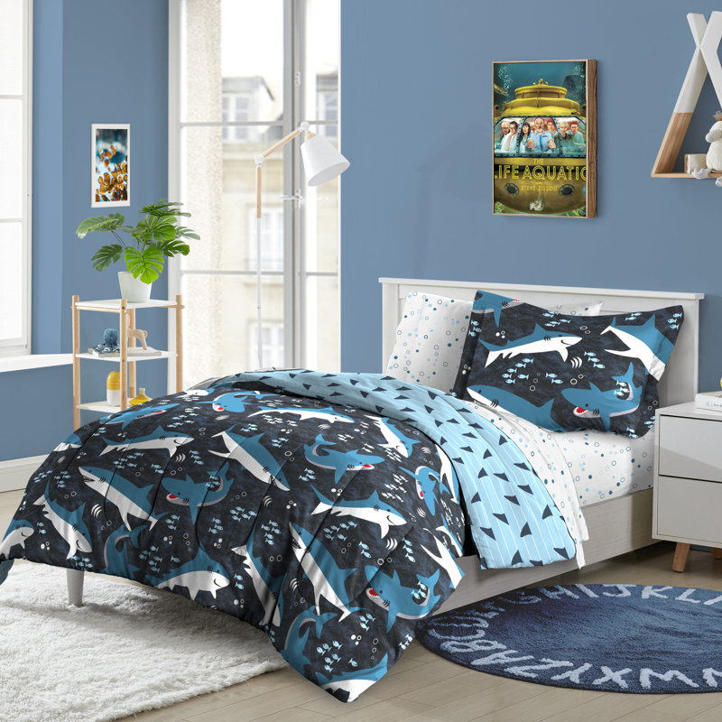 Ensemble d'édredon réversible en microfibre Sharks Blue, Édredon simple + 4 pièces supplémentaires