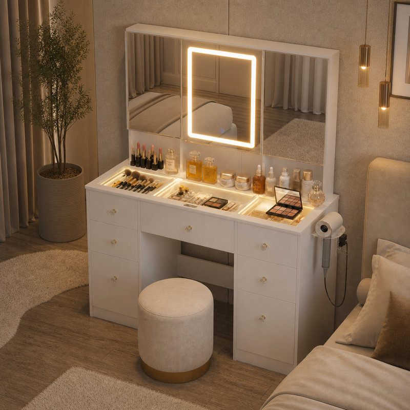 Meuble-lavabo à DEL de 47 po avec miroir à trois volets, prise de courant de type C à charge rapide de 20 W, Blanc