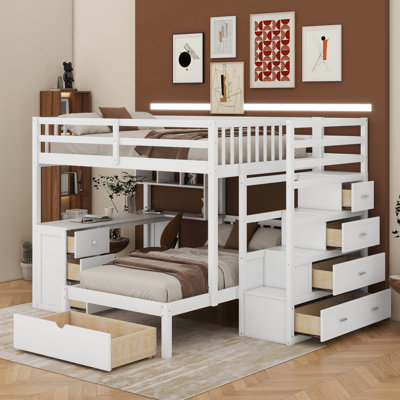 Lit superposé double au-dessus de simple avec tiroirs, bureau et tablettes