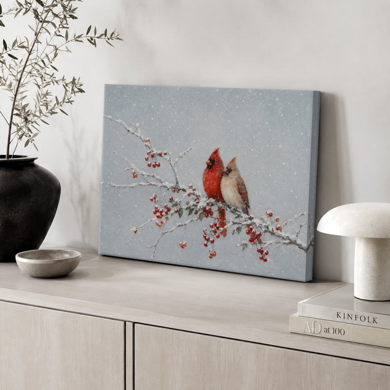 Illustration d'oiseaux cardinaux d'hiver, images de chambre à coucher, impression sur toile encadrée, Toile tendue
