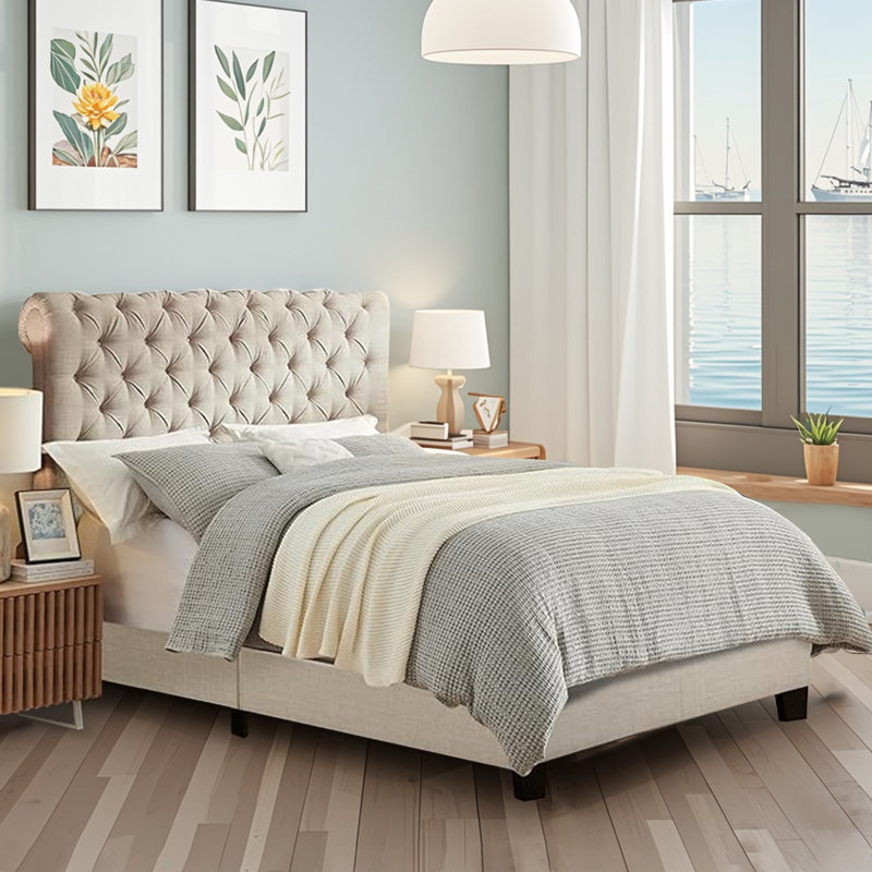 Structure de lit rembourrée en tissu de lin avec tête de lit réglable / style Chesterfield / support à lattes de bois, Double