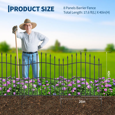 Paquet de 8 clôtures de jardin en métal sans creusage, H 40 po x L 17,6 pi, barrière antirouille pour animaux, sans porte