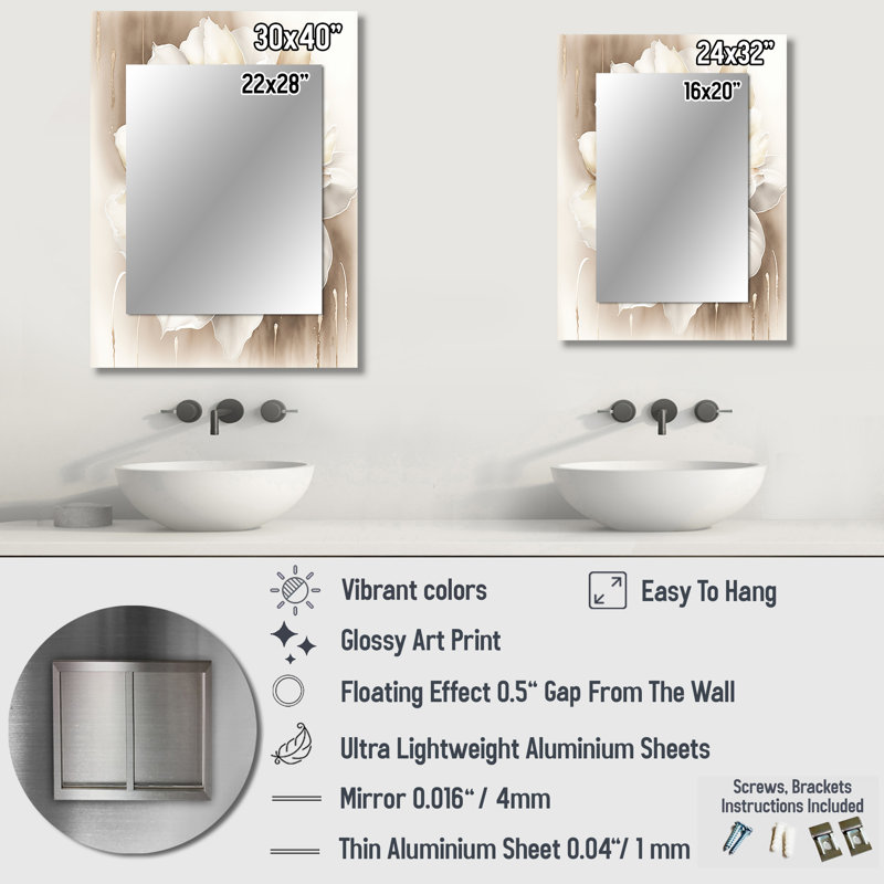 Simple fleur beige II - grand miroir mural floral, miroir traditionnel unique, impression d'art en métal, 32 po x 24 po