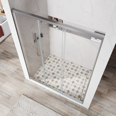 UKS13 46 in. to 49 in. W X 76 in. H Left-side Opening Semi-frameless Triple Bypass Sliding Shower Door with 5/16 in. (8mm) Clear Glass in Brushed Nickel