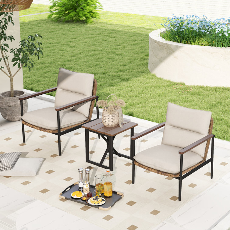 Berklee 3-Piece Aluminum Wicker Patio Conversation Set With Side Table And Light Grey Cushions