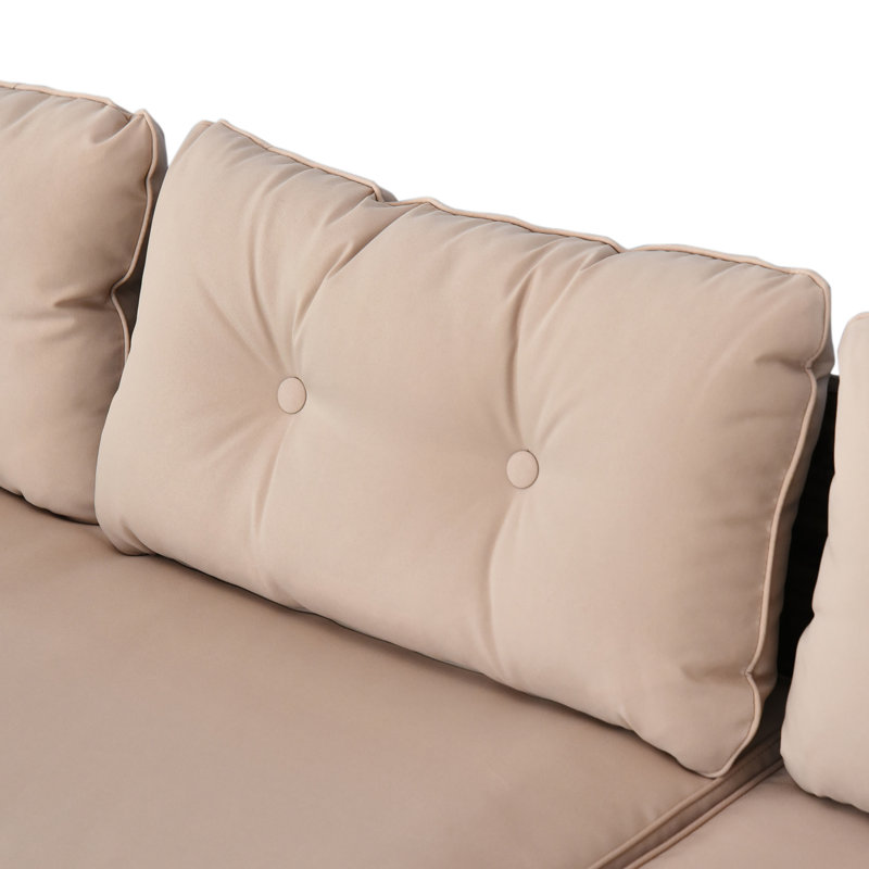 Sofa d'extérieur 3 pièces - Terrasse avec méridienne et coussins moelleux, table en verre facile à nettoyer, protection, beige, verre trempé confortable, usage par tous les temps.