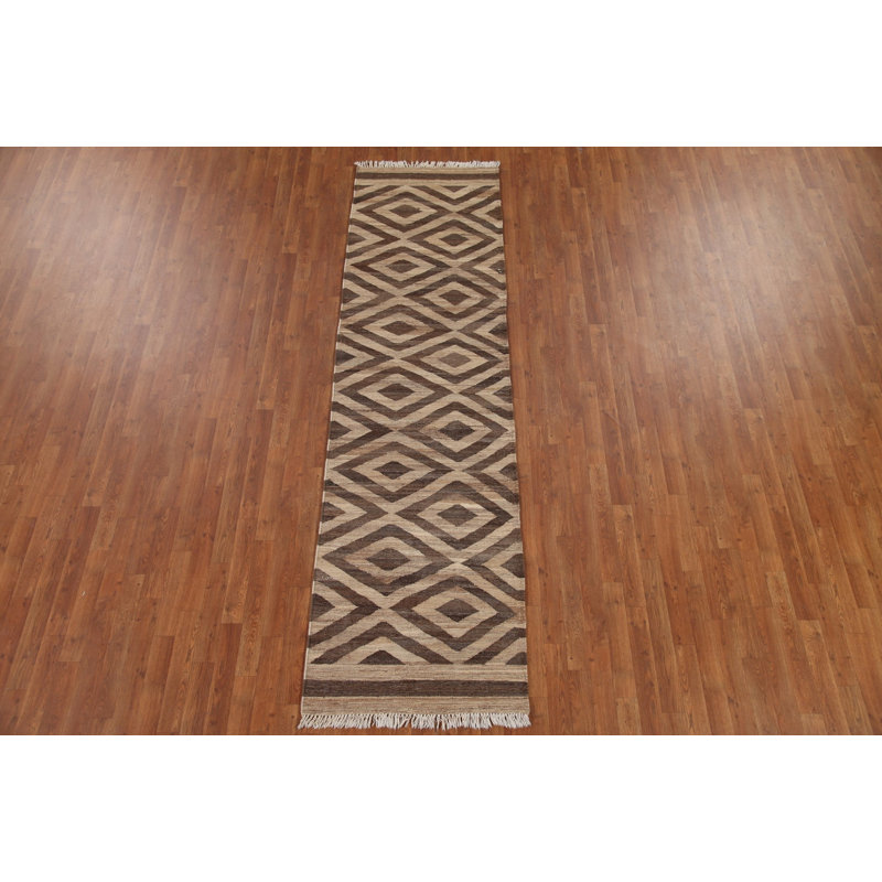 Reversible Wool Kilim Brown Runner Rug 3x10