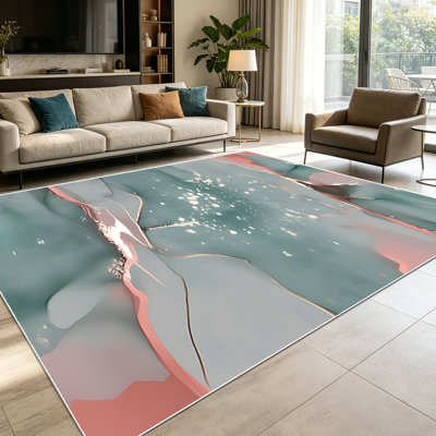 1PC Teal Blush Pink Rose Gold Foil Shimmering Marbled Alcohol Ink area rugs for Living Room, Soft and Comfortable, Suitable for all seasons, easy-to-maintain, machine washable Indoor floor mat, Under Table Farmhouse suitable for dining table...