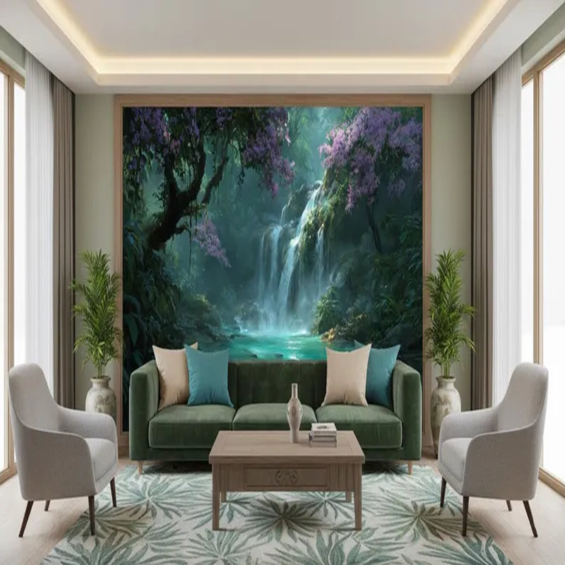 Enchanted Emerald Waterfall Forest Mural, 108" W × 96" L