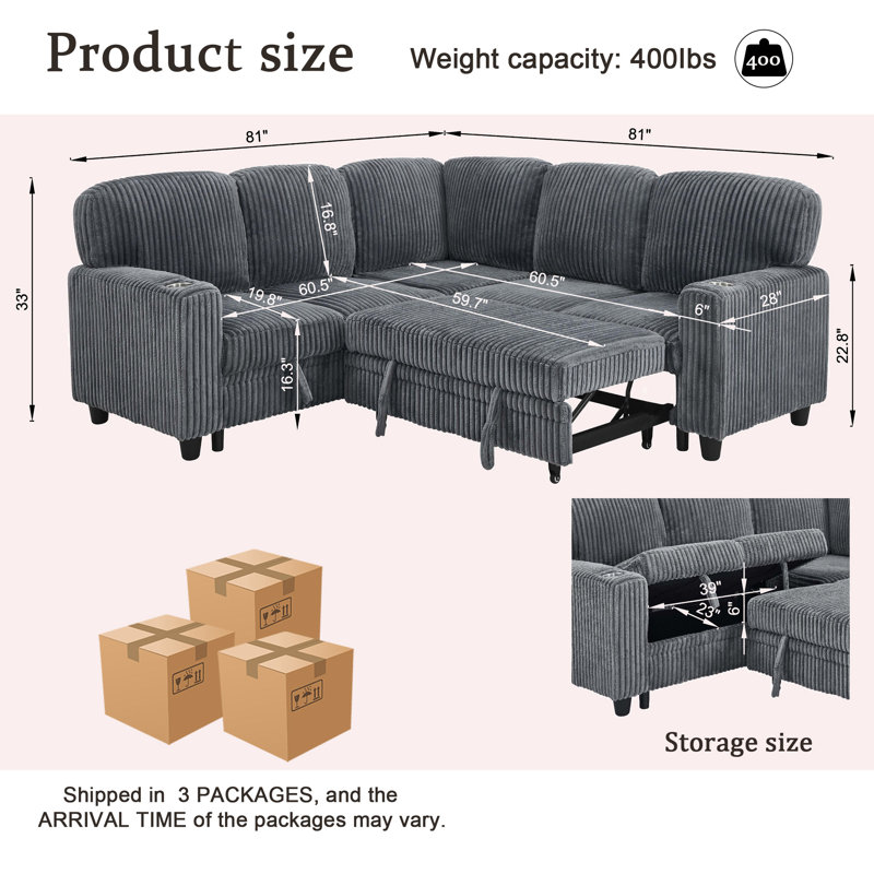 L-Shaped Sectional Sofa Bed With Pull-Out Bed & Storage, Gray Corduroy