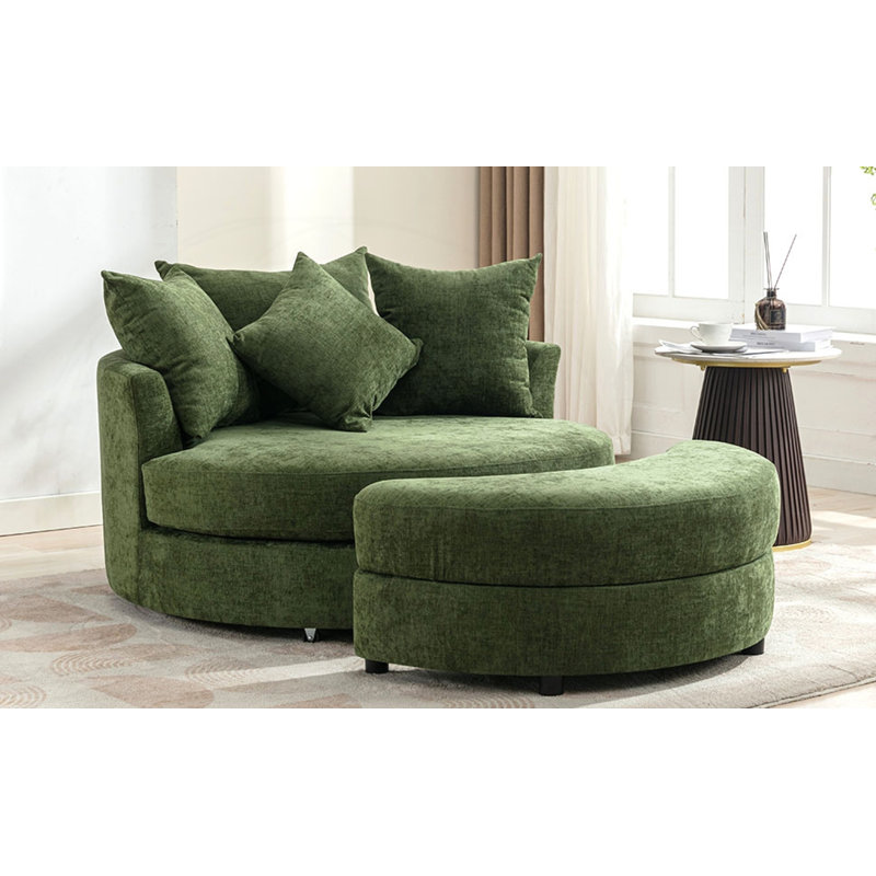 Fauteuil demi-tonneau pivotant avec repose-pieds et coussins de rangement, Chenille verte