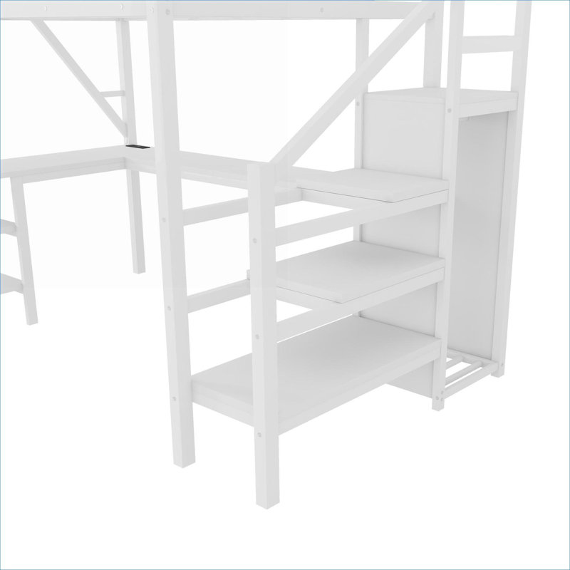 Lit mezzanine pleine grandeur peu encombrant, lit mezzanine en métal blanc doux avec bureau, armoire et DEL USB pour les petites chambres