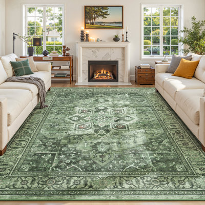 Machine Washable Farmhouse Vintage Floral Area Rug for Living Room Sage Green